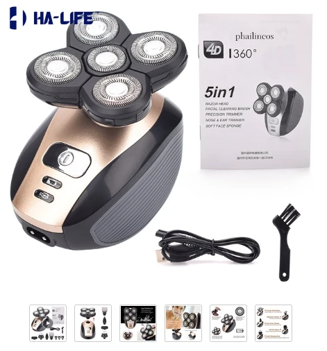 

HA-Life 5 In 1 4D Men's Rechargeable Bald Head Electric Shaver Heads Beard Nose Ear Hair Trimmer Razor Clipper Facial Brush