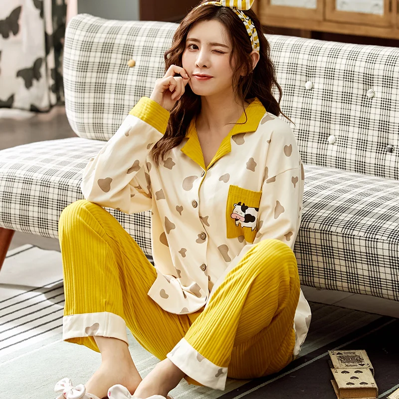 

Autumn Pajamas For Women Sleepwear Cotton Pyjama Cartton Long Sleeve Turn-down Collar Womens Nightwear Plus Size Female Homewear