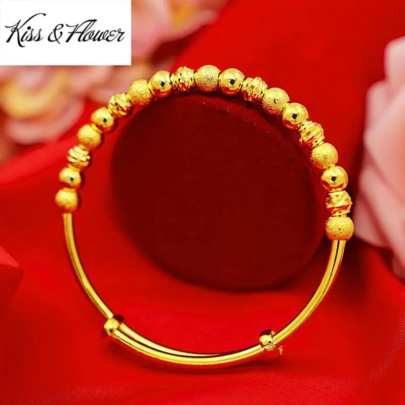 

KISS&FLOWER BR74 Fine Jewelry Wholesale Fashion Woman Girl Birthday Wedding Gift Bead Round 24KT Gold Resizable Bracelet Bangle