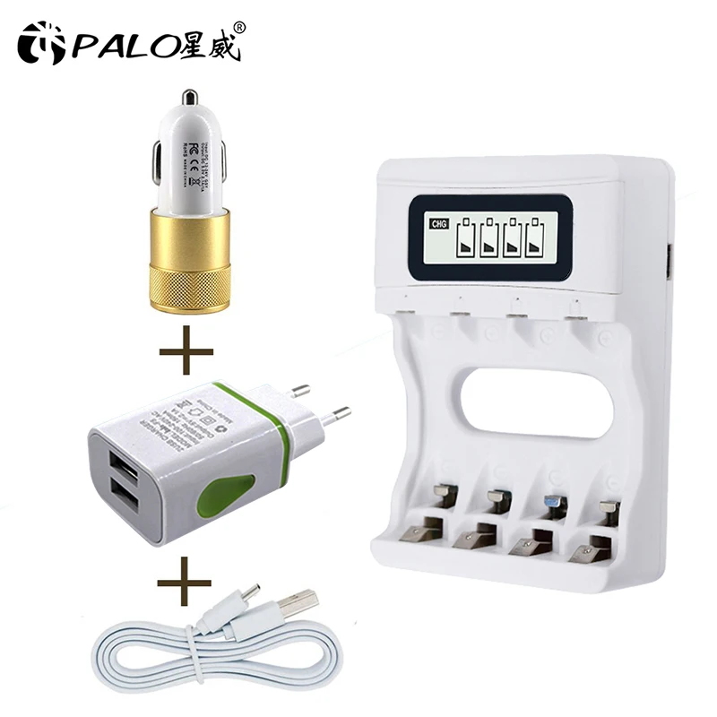 EU and car charger PALO smart 4 слота AA AAA быстрое зарядное устройство ЖК-дисплей USB быстрая зарядка для ni-MH ni-cd AA AAA аккумуляторная батарея - Цвет: EU and car charger