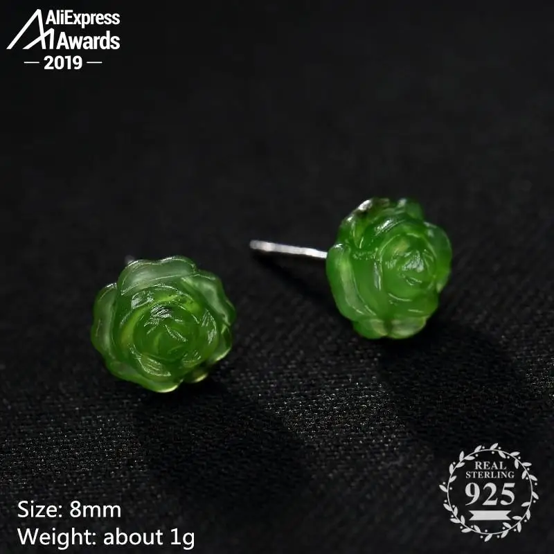 Женские серьги из серебра 925 пробы с зеленым нефритом|Серьги-гвоздики| |