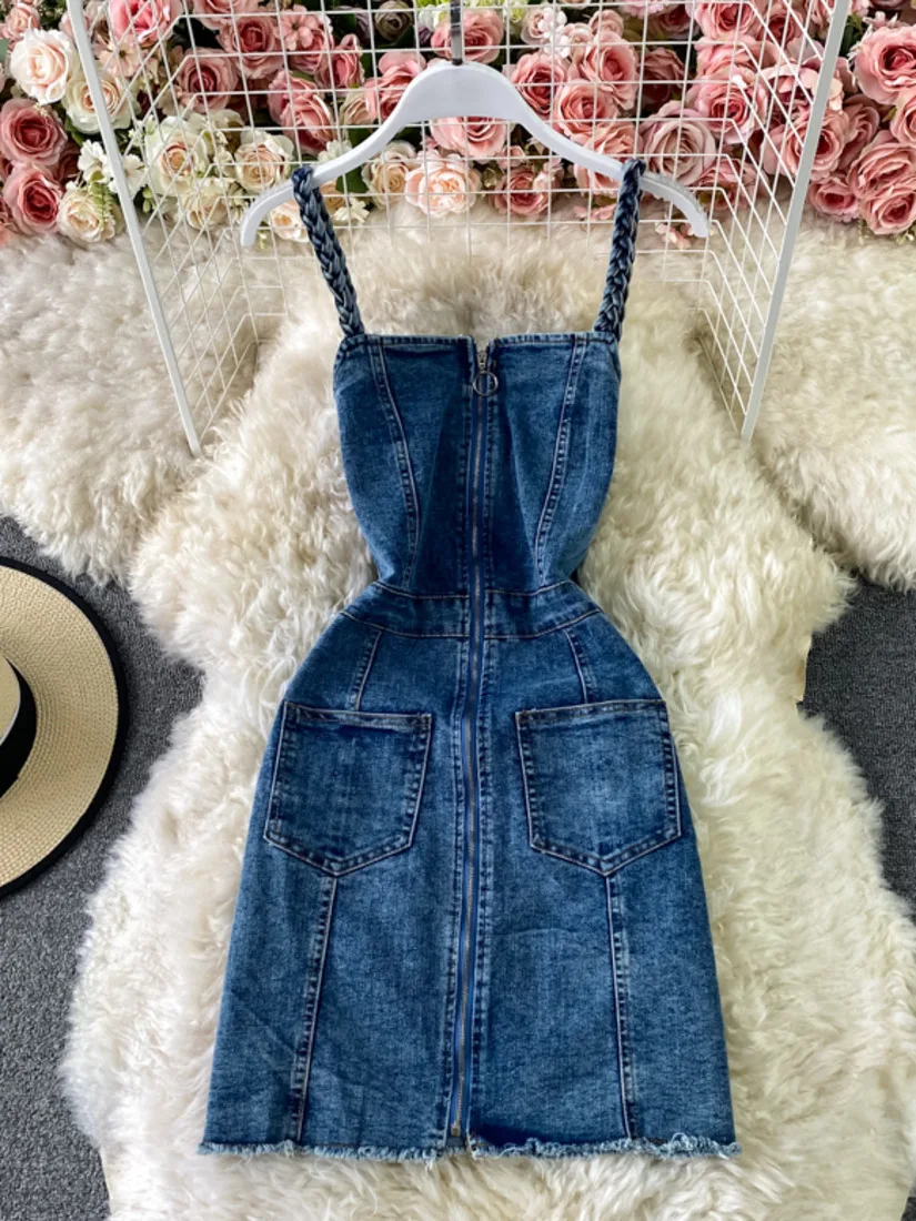 

2021 Spring Summer Fashion Causal Age Reducing Denim Strap Dress Korean High Waist Split Buttock Short Mini Grils Jeans Dresses