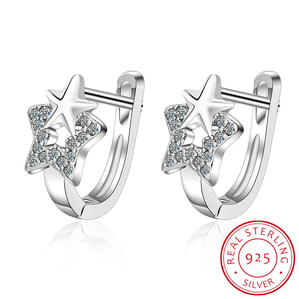 Серьги-кольца с блестящими звездами, ослепительные серьги-кольца из серебра 925 пробы с цирконием для женщин, серебряные ювелирные изделия ...