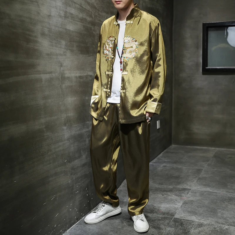 Chinese Style Men's Clothing Ice Silk Embroidery Golden Han Suit Tang Buckle Set Two-piece Traditional | Тематическая одежда и