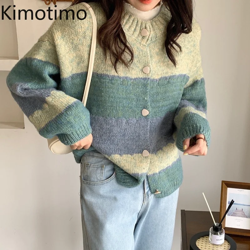 

Kimotimo Autumn Winter Cardigan Women Color Contrast Striped Sweater Coat Korean Stand Collar All-match Long Sleeve Knit Tops