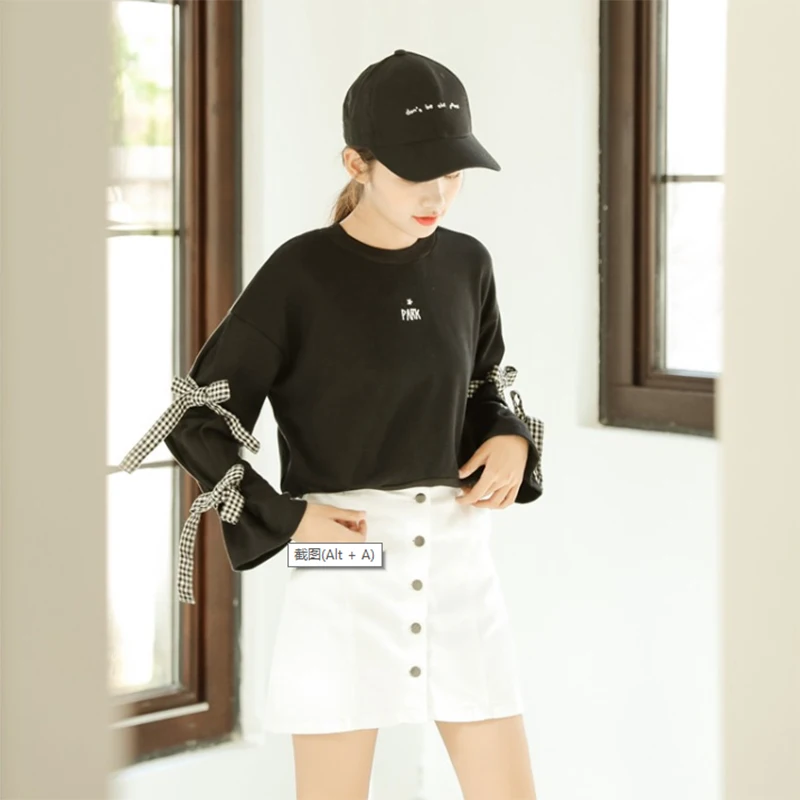 Весенние новые женские черные хлопковые пуловеры свитера с галстуком-бабочкой и