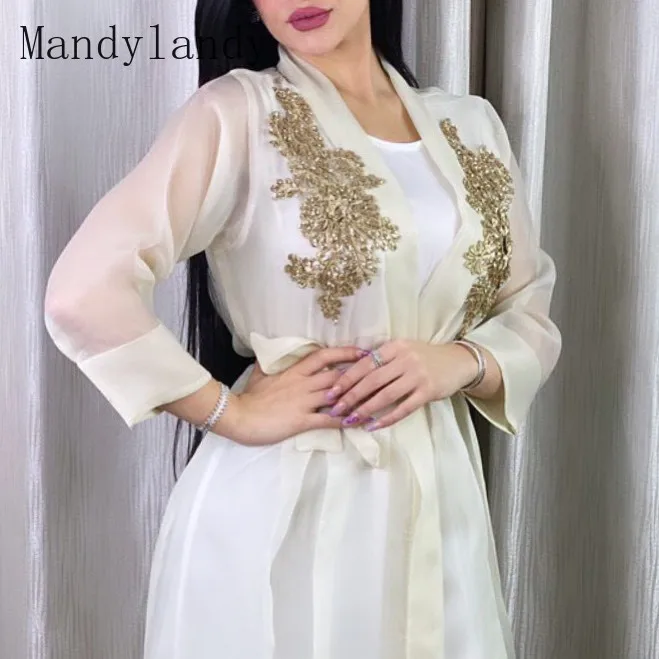 

Mandylandy Muslim Fashion Long Sleeve Embroidery Stitching Dress Women's Casual Lace-up Two-Piece Robe