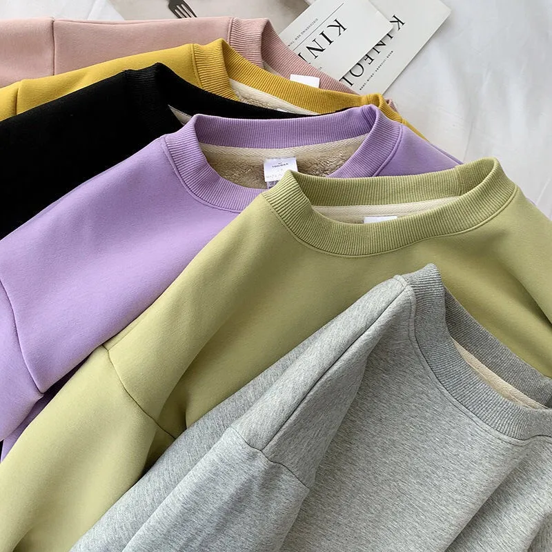 

Cotton Winter Thicken Warm Women's Sweatshirts Solid Color Plus Size Loose Casual Round Neck Hoodies For Women