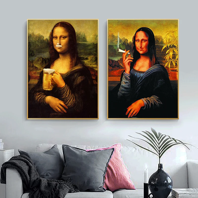 

Funny Mona Lisa Drink and Smoking Canvas Paintings Wall Art Posters and Prints Da Vinci Famous Paintings for Living Room Decor