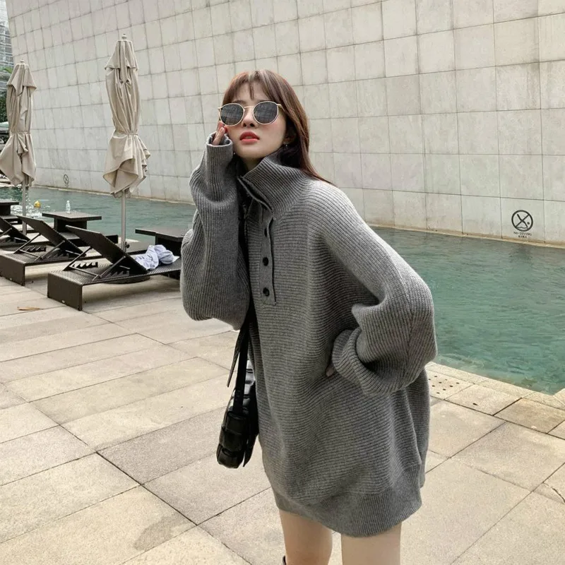 

New 2022 Women's Autumn Winter Knitwear Turtleneck Button Pullover Korean Solid Oversize Elegant Lady Jumper Y319