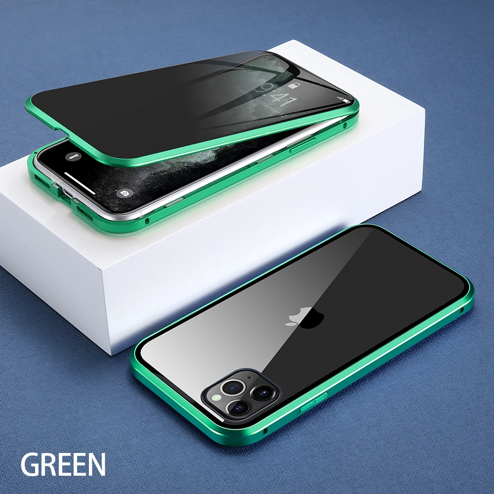 Светло-зеленый Чехол KISS, магнитный стеклянный чехол для iPhone 11, XR, XS, чехол, Анти-шпион, 360, защитный чехол на магните для iPhone 11 Pro, 6 S, 7, 8, чехол - Цвет: Светло-зеленый
