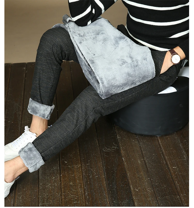 Mens Winter Fleece Warm Pants Men Korean Casual Slacks Slim Warm Thick Pants for Men Fashion Black Gray Blue Trousers Male,688