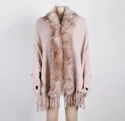 

Women Fake Fox Fur Collar Cashmere Cardigan Sweater Cloak Ladies Elegant Long Soild Thick Knitted Tassel Long Cloak Coat Cloak
