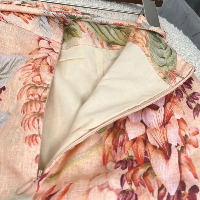 

High Waist Women Skirts Top Quality 100% Linen Floral Print With String Lace-up Spring Summer Fashion 2021