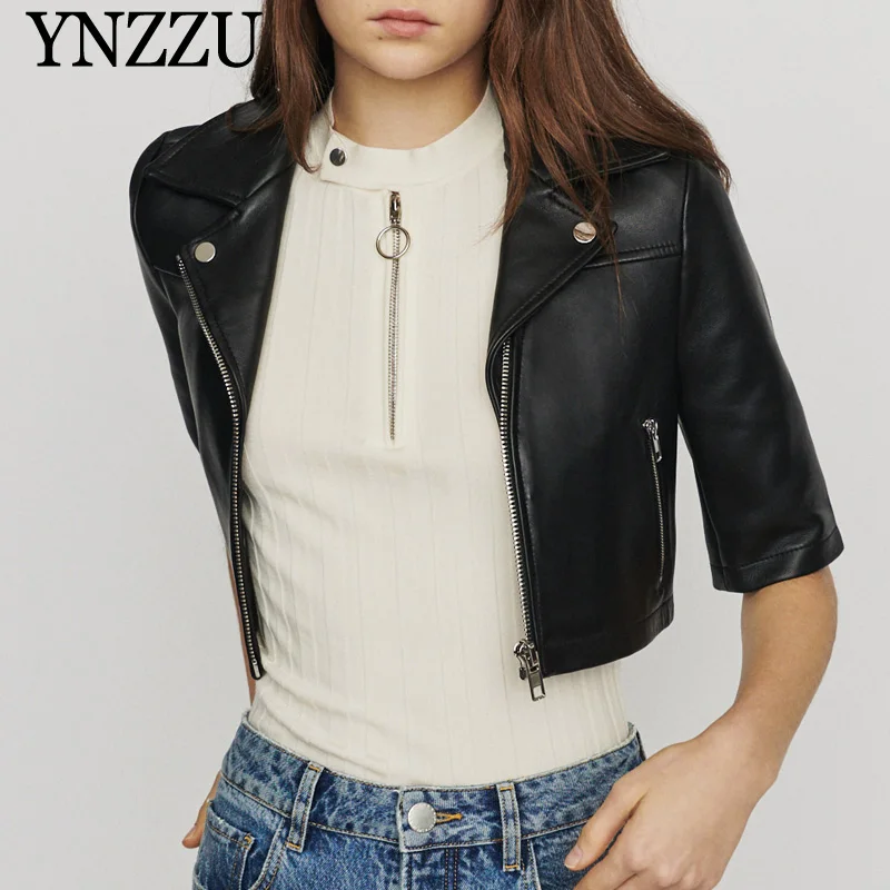 Куртка YNZZU 9O159 женская короткая из искусственной кожи элегантный повседневный