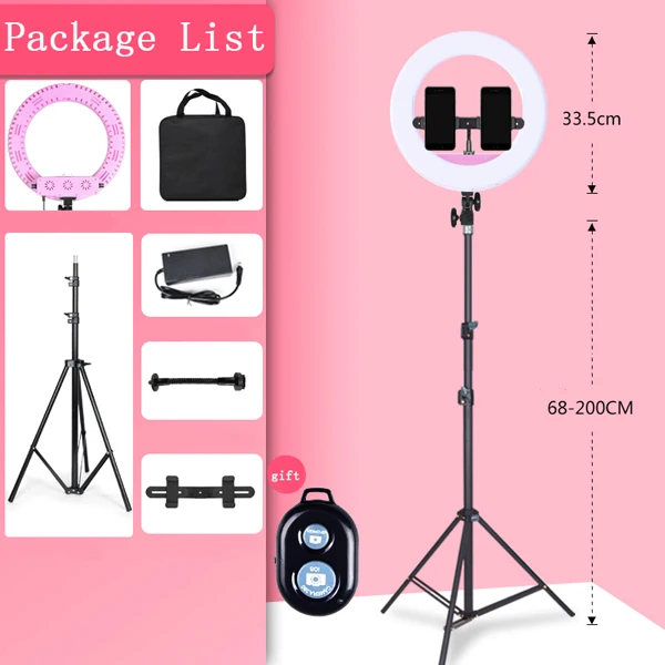 Pink Lamp Set 2 Светодиодный кольцевой светильник с держателем для телефона, тренога+ кронштейн стрелы, непрерывный светильник, комплекты для фото-и видеосъемки, красивый заполняющий светильник - Цвет: Pink Lamp Set 2