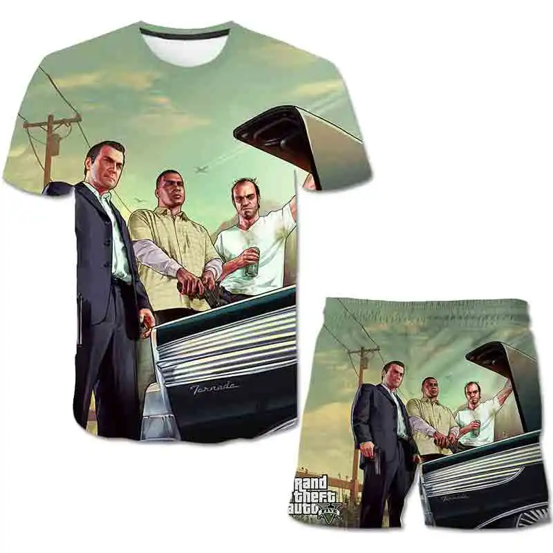 

Summer Boys Clothing Children Grand Theft Auto T-shirt Short Sleeve Shorts Set Two Pieces Set 4-14 Years Kids Streetwear 2021