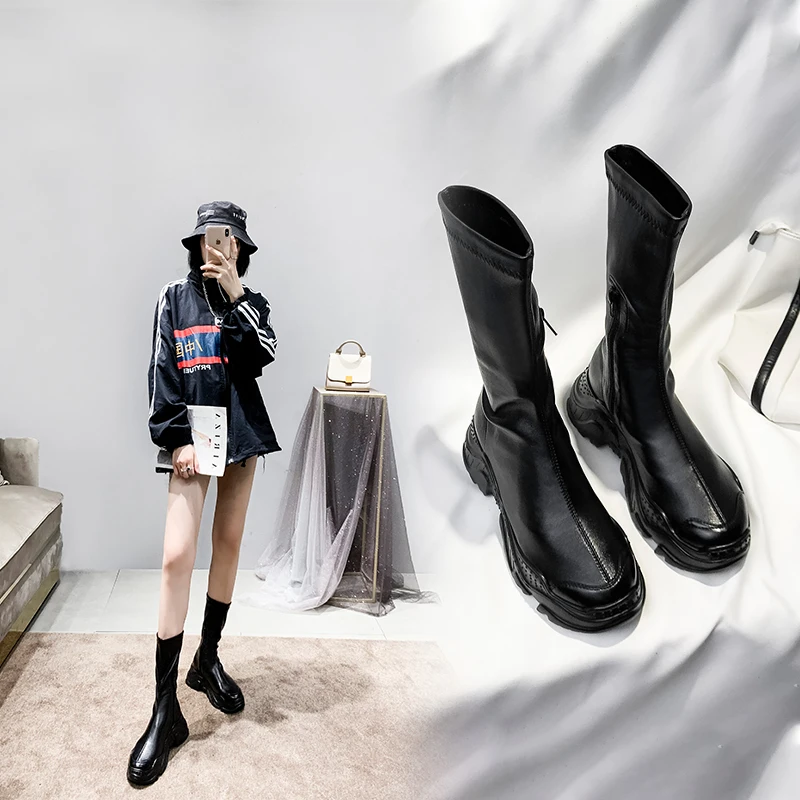 С волнообразным краем Zapatos De Mujer 2019 зимние Черная женская обувь модные сапоги