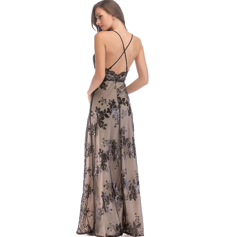 

Fashion Sexy Spaghetti Strap Backless Dress for Women Deep V Neck High Slit Black Sleeveless Sequined Dress Long Party Wear
