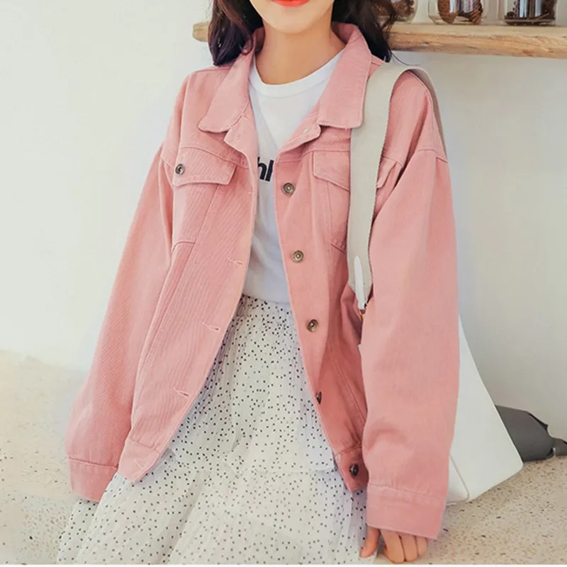 Новая Женская Весенняя Осенняя розовая джинсовая куртка с длинным рукавом