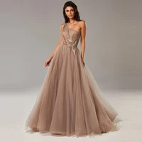 fivsole tulle long prom dresses lace applique evening dress embroidery open back one shoulder a line formal party dress