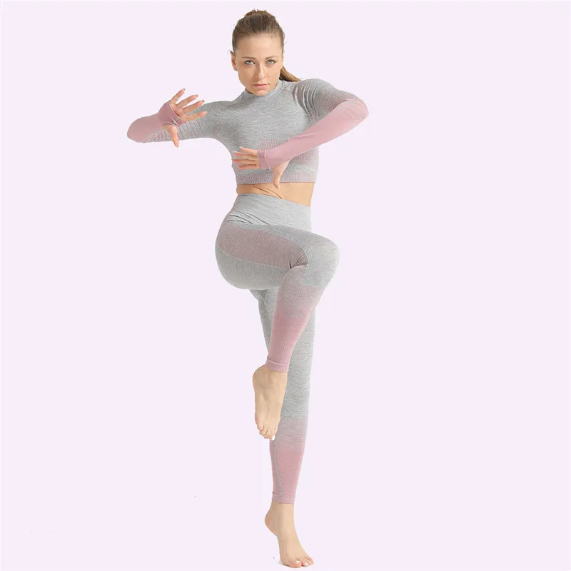 

2PCS/Set Seamless Women Yoga Push Up Pants Sportswear Gym Clothes Fitness Long Sleeve Crop Top High Waist Leggings Sports Suits