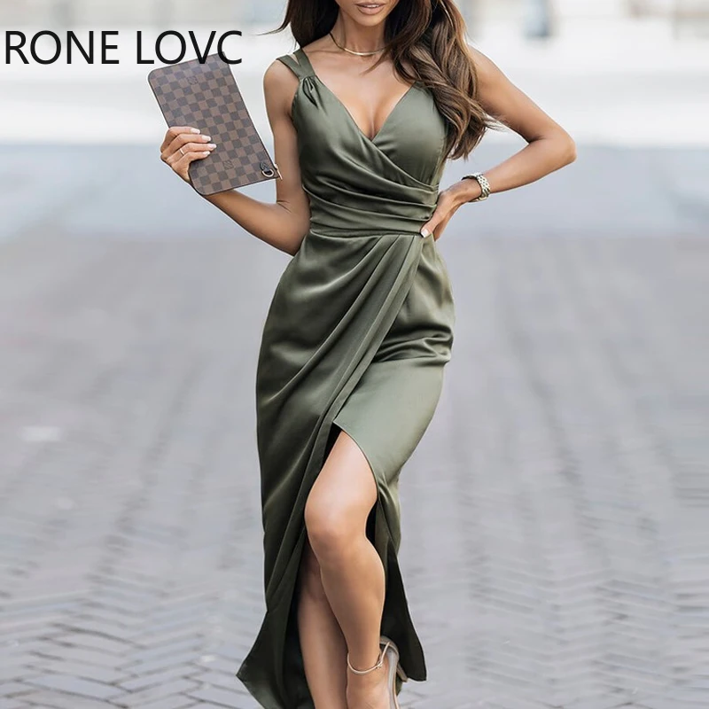 

Women Solid Elegant Cami Folds Wrap High Silt Sexy Satin Party Dress