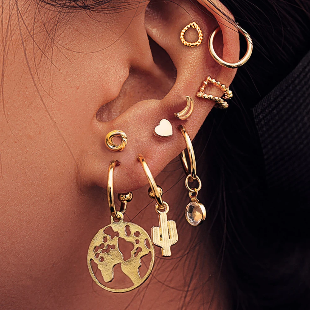 

New Boho Multi-Element Crystal Set Stud Earring for Women Fashion Pendant Piercing Geometric Earrings Aretes De Mujer Modernos
