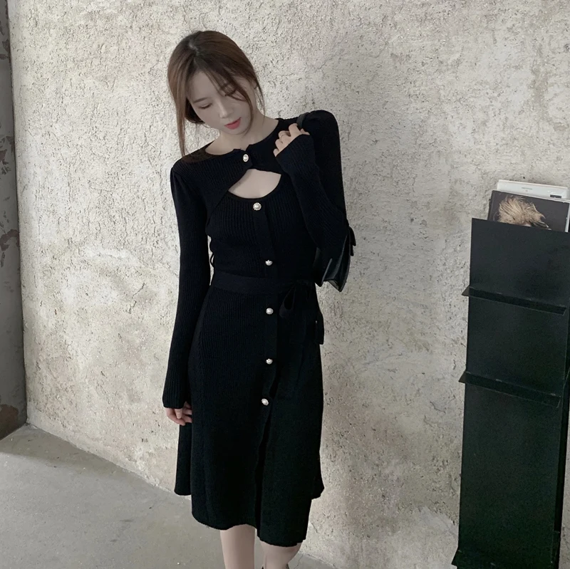 COIGARSAM вязаные женские платья черного и абрикосового цвета 2977 | Женская одежда