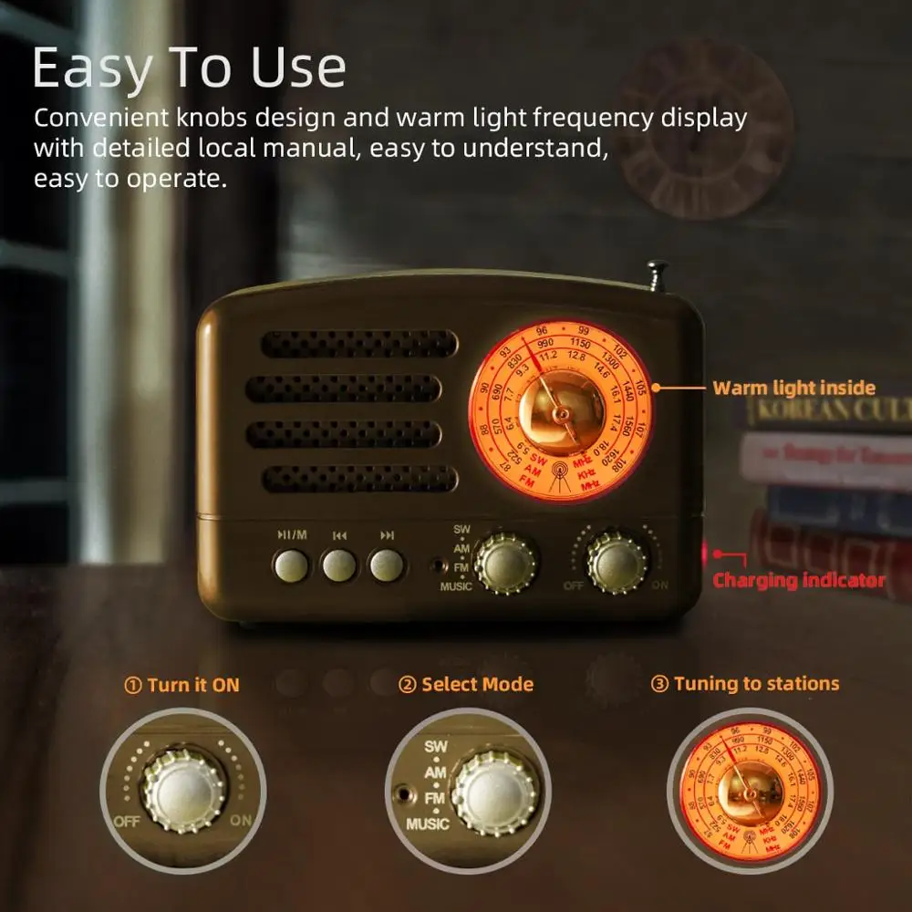 Портативное перезаряжаемое радио PRUNUS AM/FM/короткая волна Bluetooth динамик в стиле