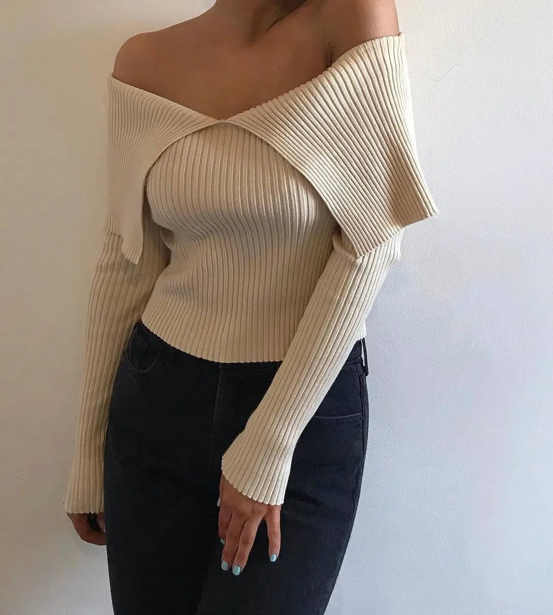 

ZOGAA 2021 New Women Sexy Slash Neck Solid Color Slim Knitting Sweater Femme Chic Basic Long Sleeve Casual Pullovers Brand Tops