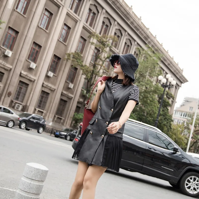 Новое Женское Сетчатое платье без рукавов из натуральной кожи Повседневная