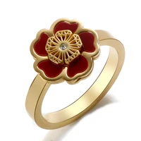 vintage red shell flower rings fashion stainless steel rhinestone gold color ring for women men lover wedding party jewelry