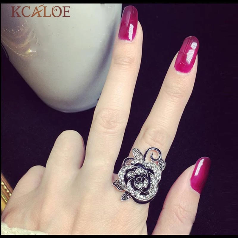 KCALOE черный цветок кольца для женщин кристалл кубический цирконий Винтажные