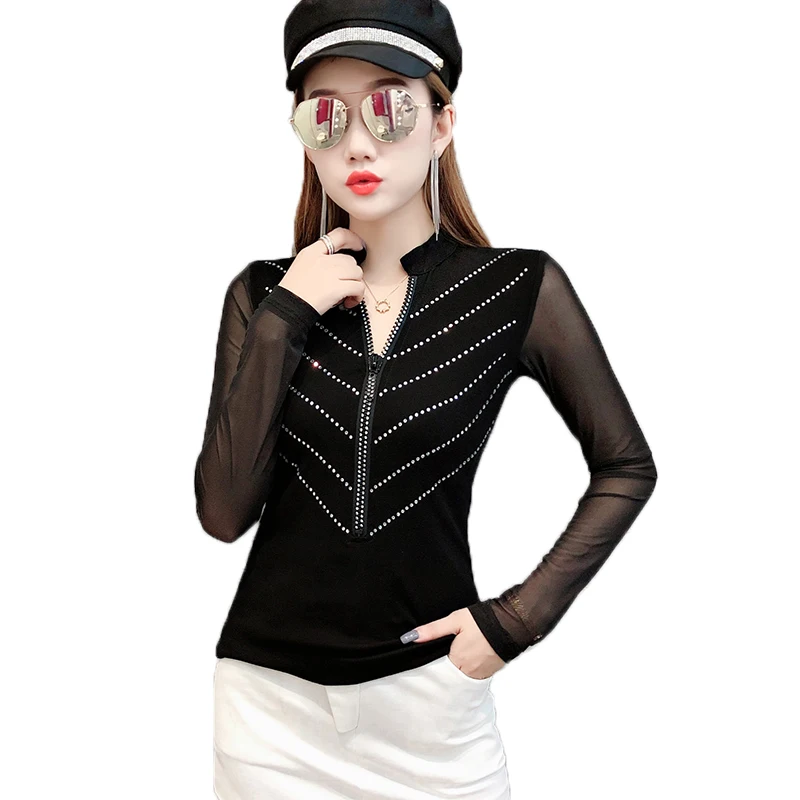 Рубашки вышитые бисером на молнии 2019 pring осень зима женская футболка Стразы