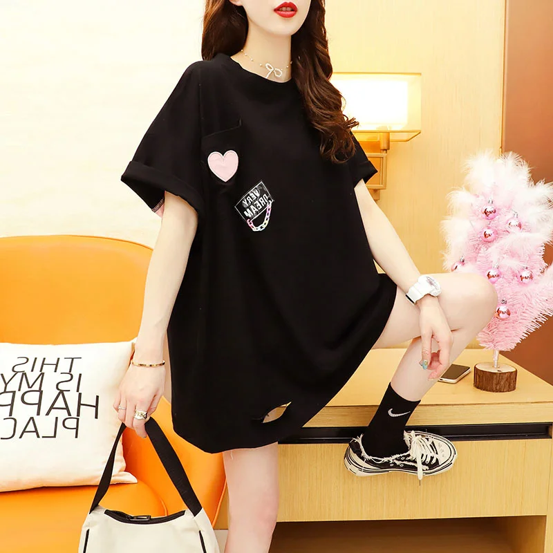 

#4266 черная, желтая, розовая футболка с коротким рукавом, Женская Повседневная Длинная футболка с дырками, женские свободные хлопковые футбо...