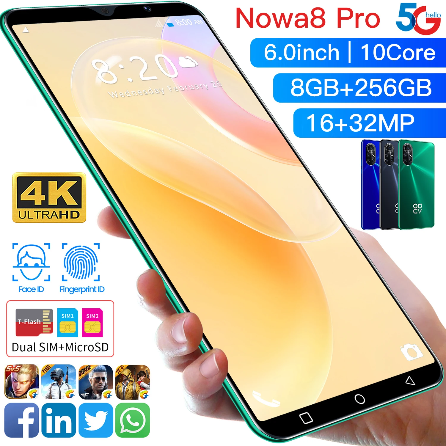 

Global New Version Nowa8 pro 6.0 Inch screen 4G 5G Network Smartphone 4800mAH Battery MTK6889 10 Core Dual SIM Card mobile phone