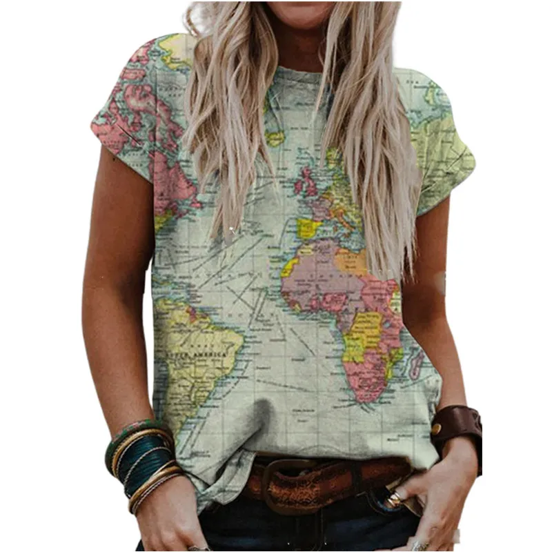 

Футболка женская с коротким рукавом и круглым вырезом, Модный повседневный топ с 3D цифровой Печатью Карт мира, лето