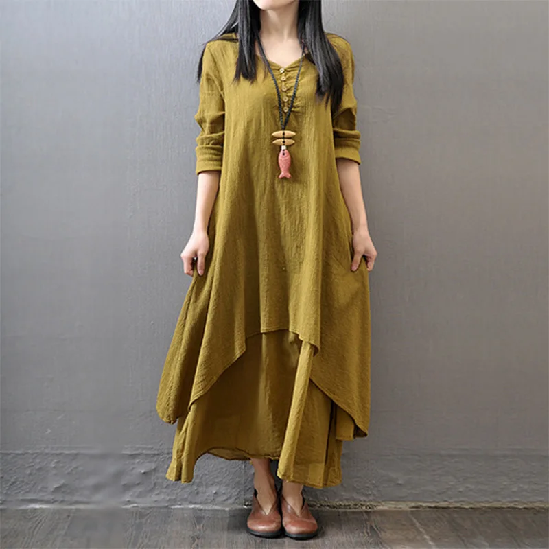 Женское Ассиметричное платье Boho V Nekc хлопковое и льняное макси в этническом стиле