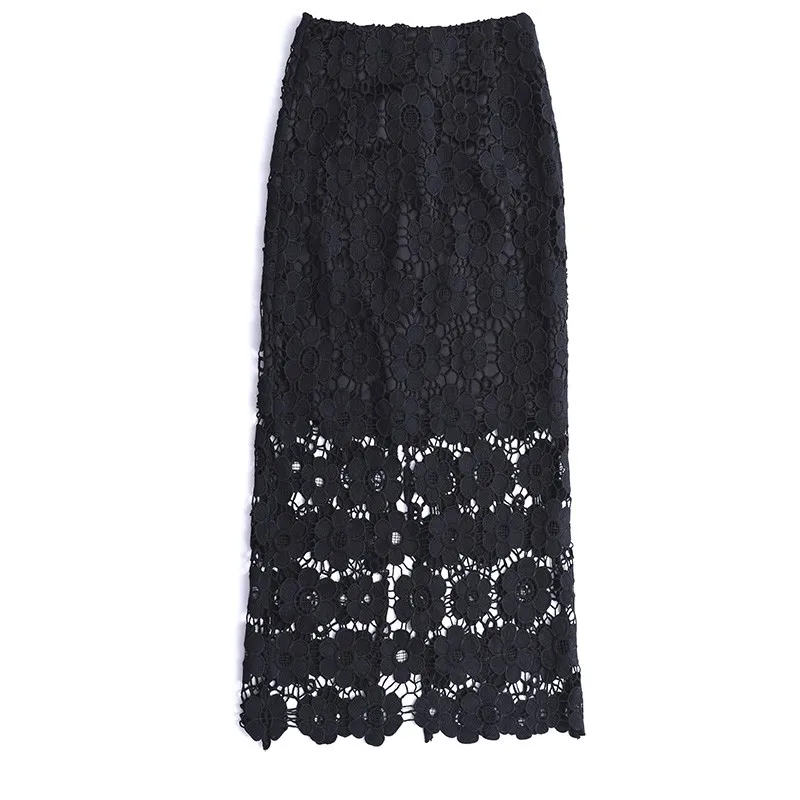 

Elegant Women Slim Fit Lace Crochet Wrap Skirt Jupe Femme Ladies Sexy Mid Calf Long Hollow Out High Waist Skinny Pencil Skirts
