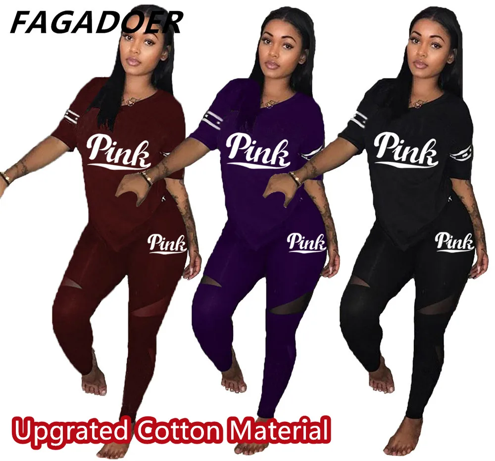 NEW Casual 2 Piece Sets Women's Tracksuits Suit Pink Letter Print Sweatsuit Plus Size S-2XL Tshirt And Skinny Pants 2pcs Outfits