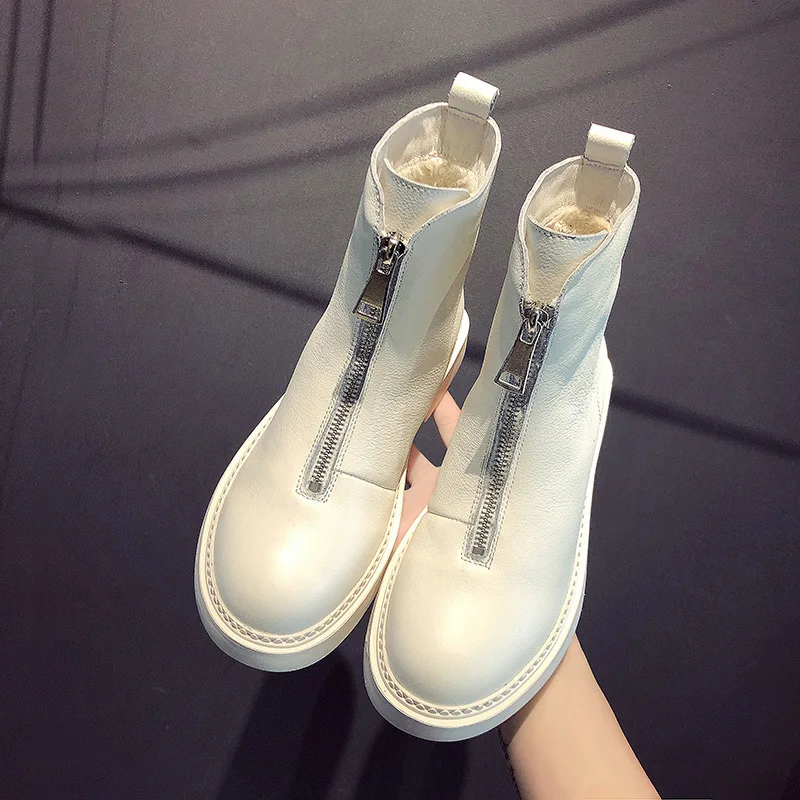 

Genuine Leather Women Boots Winter Plus Velvet Woman Shoe Fashion Female Breathable Cowhide Bootie Front Zipper Light White Boot