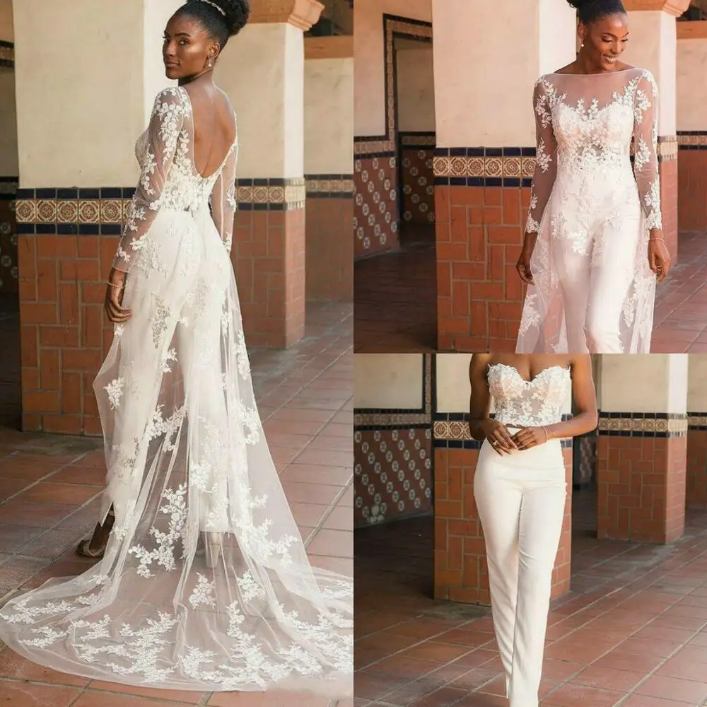 

Lace Applique Wedding Jumpsuit with Wrap Train 2022 African Nigerian Plus Size Bride Garden Holiday Wedding Dress Robe De Mariee