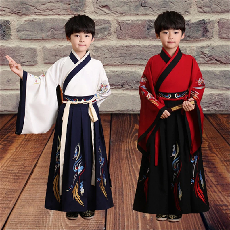 Костюмы для китайского детского танцевального коллектива "2 цвета" для мальчиков, традиционные детские осенние Ханьфу танг-костюмы для выступлений на сцене в стиле кимоно.
