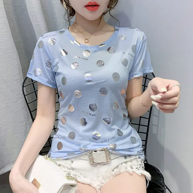 

Summer new wave dot print T-shirt women's short sleeve slim versatile half sleeve T-shirt