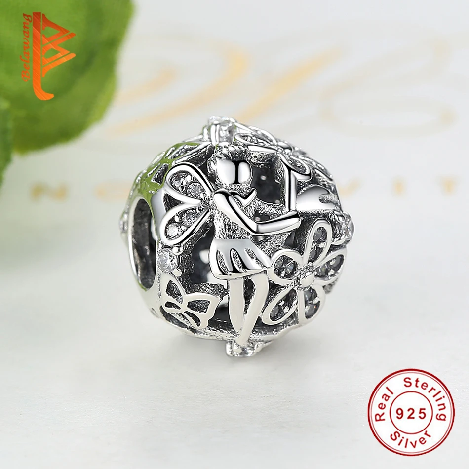 Оптовая Продажа 925 стерлингового серебра Полые бусины в виде цветочной феи с
