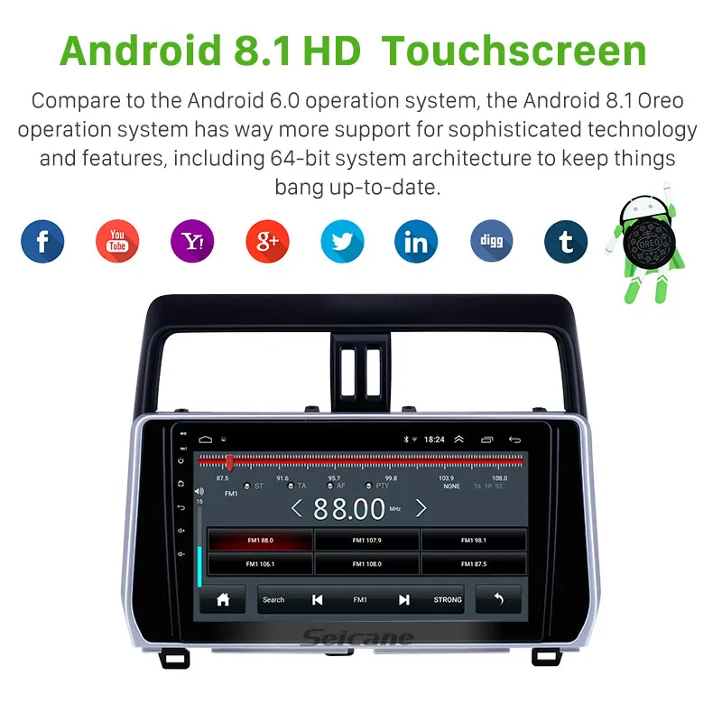 Автомагнитола Seicane с сенсорным HD-экраном GPS-навигацией 10 1 дюйма Android 8 для Toyota Prado