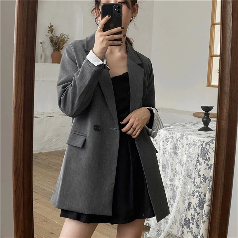 Повседневные темно-серые женские блейзеры женский один пиджак на пуговицах