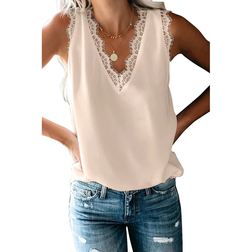 

Sexy Vest V-Neck Lace Patchwork Black White Shirt 2021 New Women Blouses Sleeveless Casual Loose Summer Beach Tops Plus Size 3XL