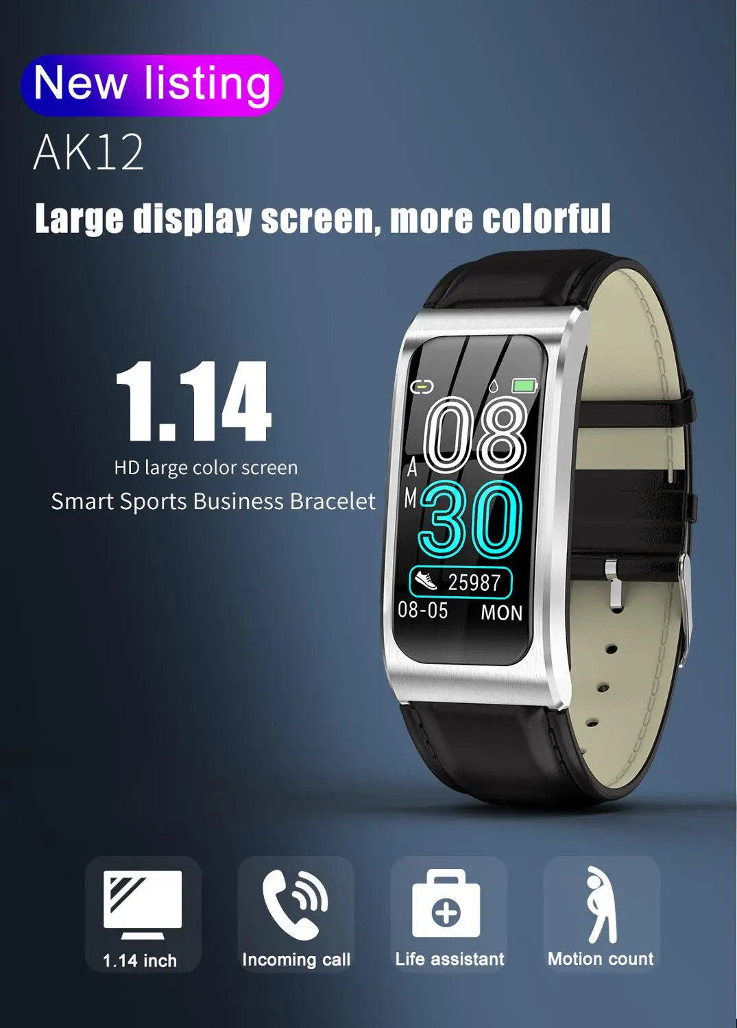 AK12 Smart Bracelet Color Screen IP68 Waterproof Women Men Heart Rate Blood Pressure Monitor Cycle Activity Tracker Sports Band |